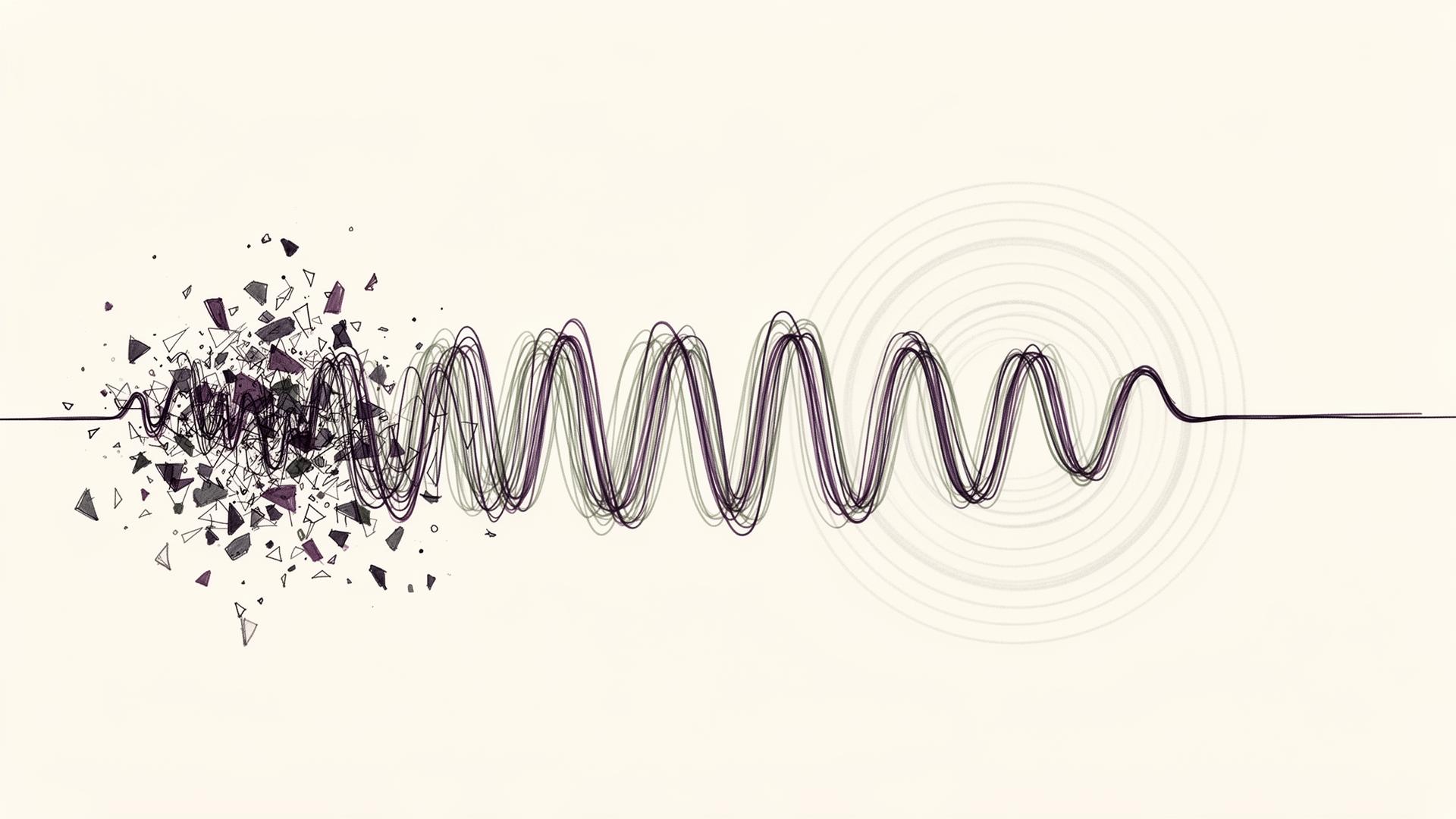 Abstract waveform transitioning from fragmented chaos to a steady, regulated signal — symbolising a frontline activist's nervous system returning from collapse to a sustainable voice.