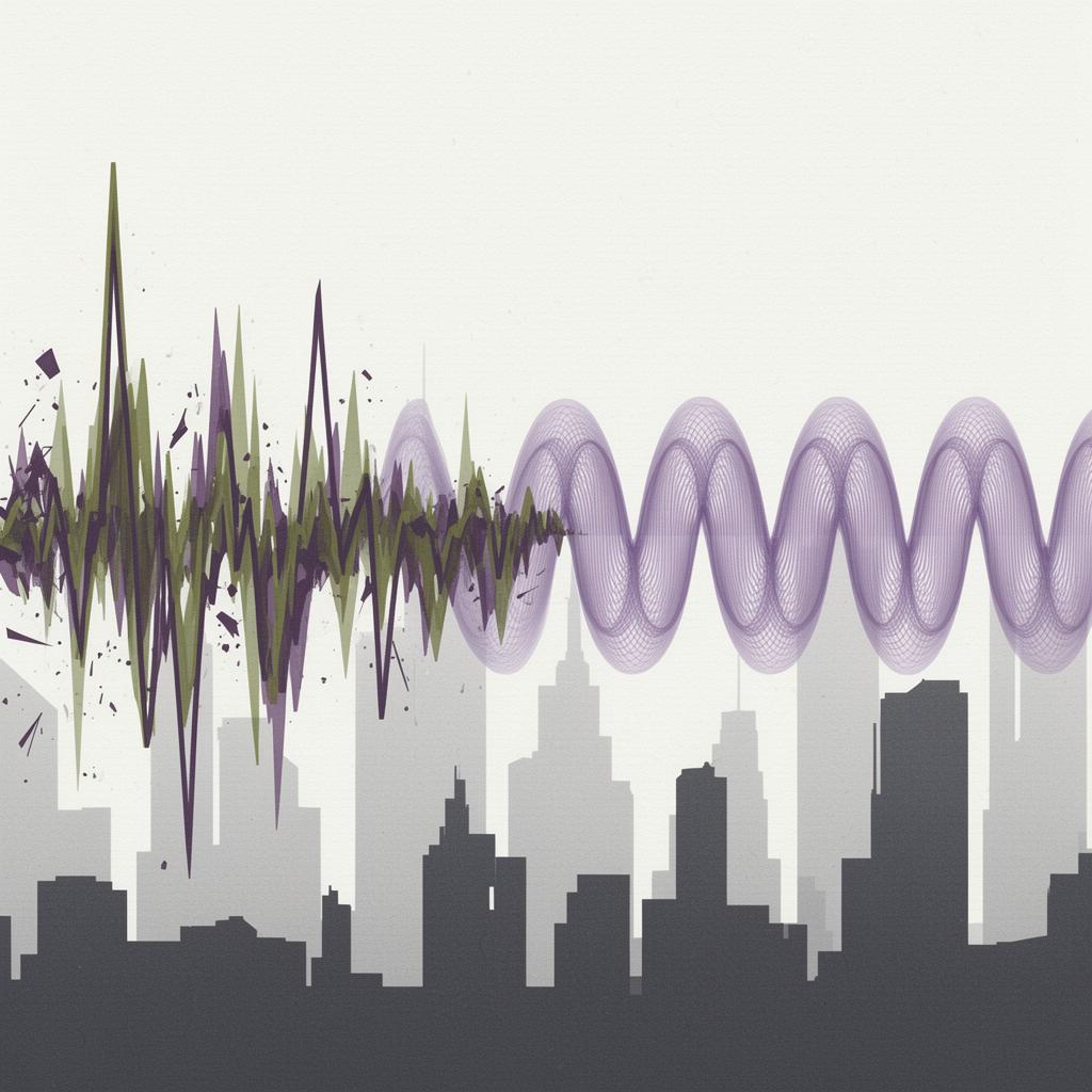 Abstract editorial illustration of a chaotic, fragmented heart-rate-style waveform in olive and plum on the left transitioning into a calm, deeply rhythmic purple sine-wave on the right, set above a minimal Manhattan skyline silhouette in dark slate — symbolising a Wall Street nervous system moving from dorsal-vagal collapse to autonomic regulation.