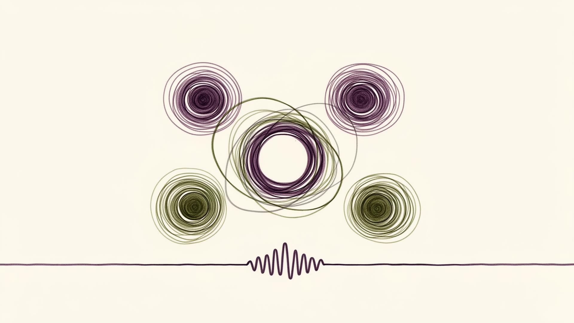 Four concentric ripple motifs — two purple, two olive — converging into a single unified ring above a steady regulated waveform, symbolising four executives' inner voices joining into one collective seva platform.