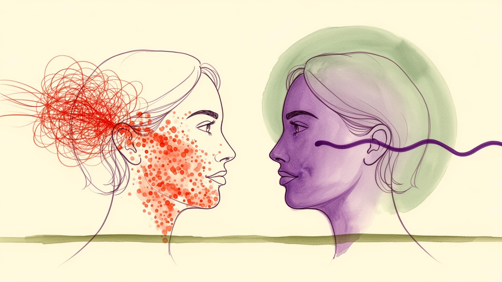 Editorial abstract illustration of a chaotic red-plum scribble on the left flowing into a calm purple sine wave on the right, set against a soft sage watercolor wash — symbolising inflamed, stress-driven skin returning to a regulated baseline.