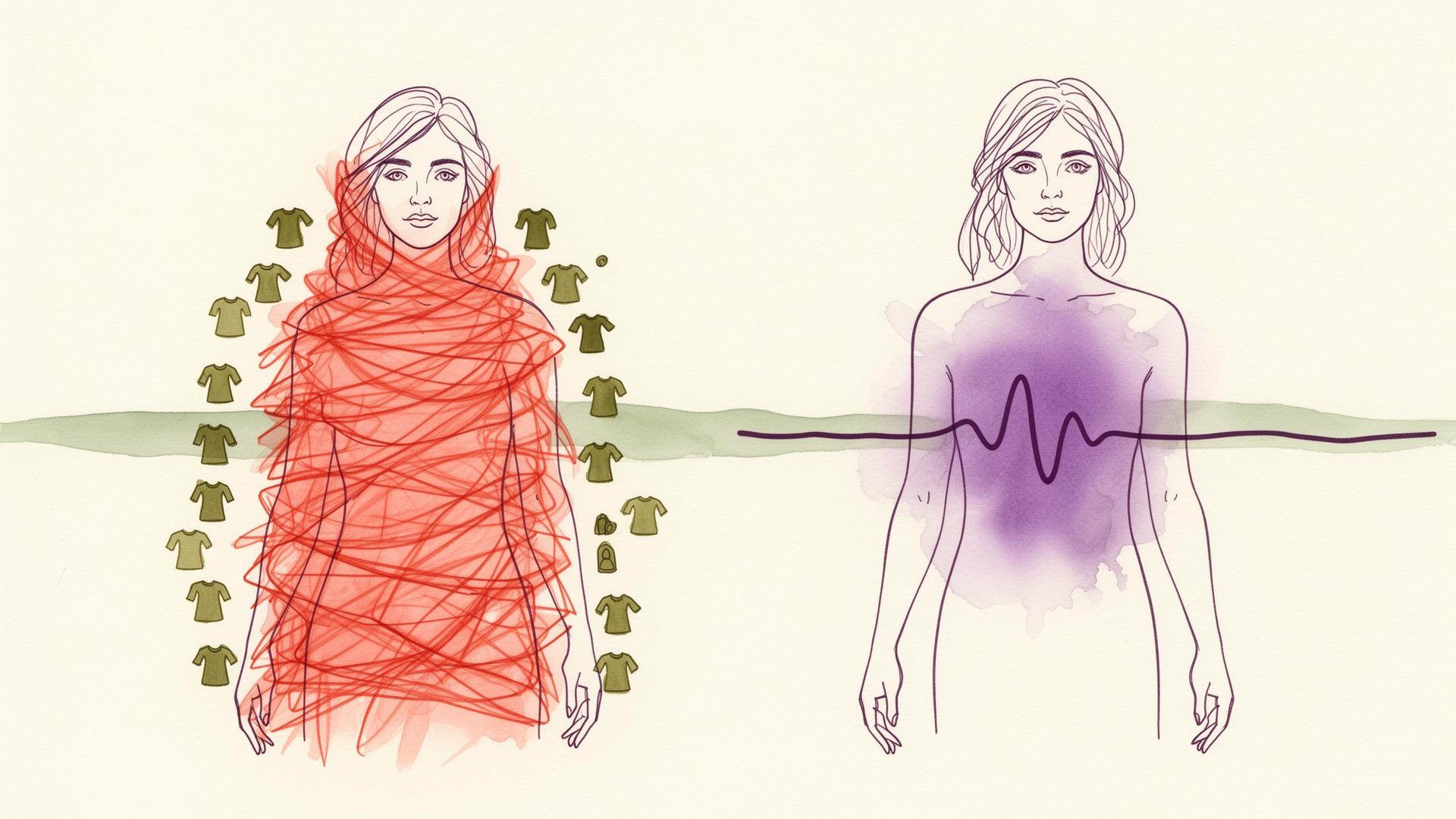 Two mirrored editorial figures: the left wrapped in chaotic coral fabric scribble surrounded by garment glyphs (armour), the right standing free with a calm purple watercolor wash and a single steady waveform (regulation underneath).
