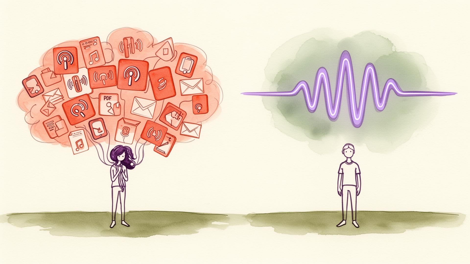 Two mirrored editorial figures: the left overwhelmed under a chaotic cloud of podcast, app, PDF and newsletter glyphs in coral; the right standing simply under a single calm purple waveform on a sage horizon (one-page strategy).