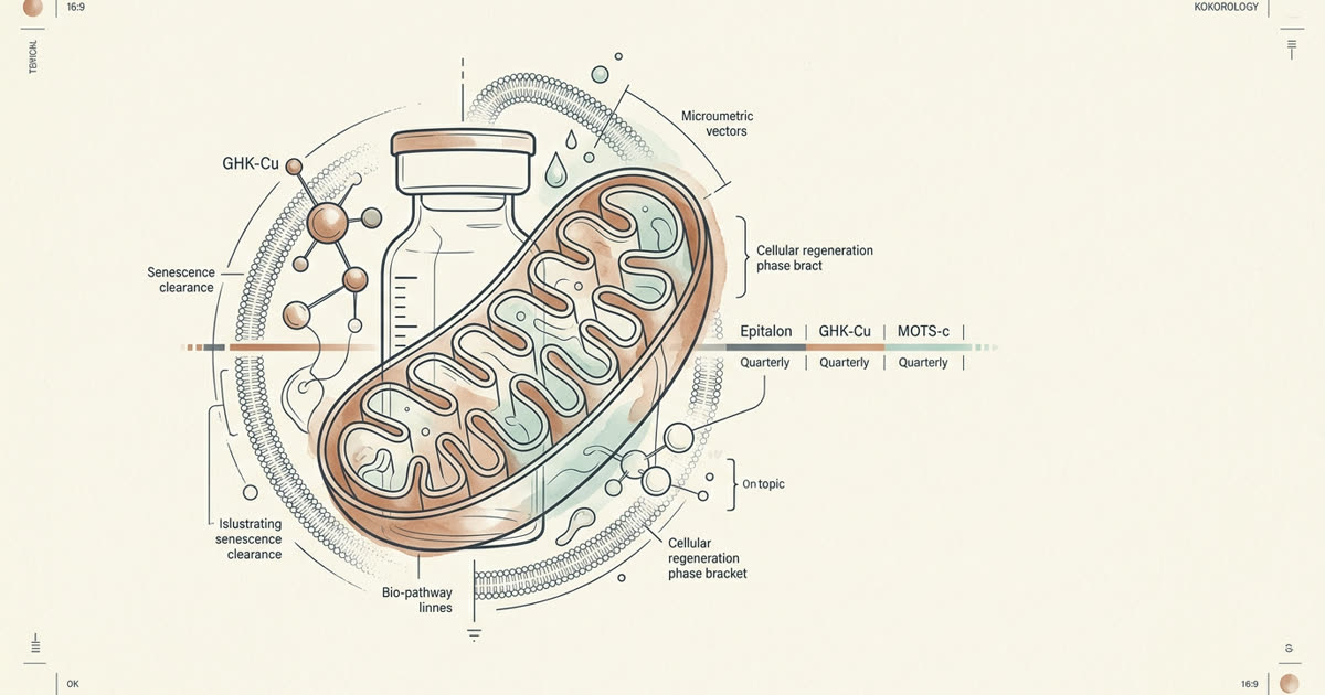 Abstract cream-and-slate line illustration on Kokorology paper, drawn for Longevity Peptide Care — Coached Quarter by Quarter